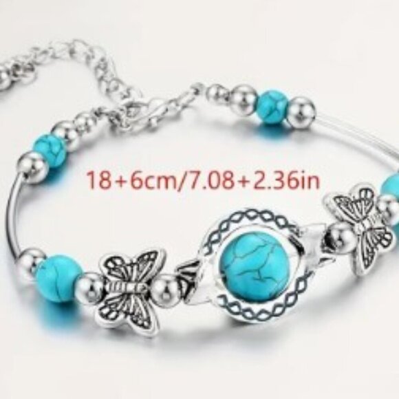 Turquoise Charm Bracelet - Handcrafted Vintage-Inspired Butterfly Bead - Picture 5 of 5